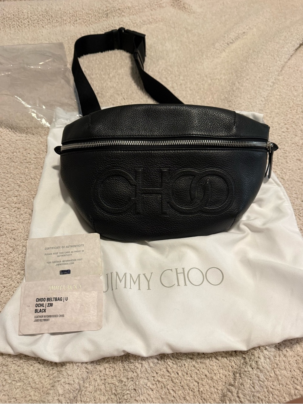 Jimmy Choo Black Embossed CHOO Pebbled Leather Belt Bag